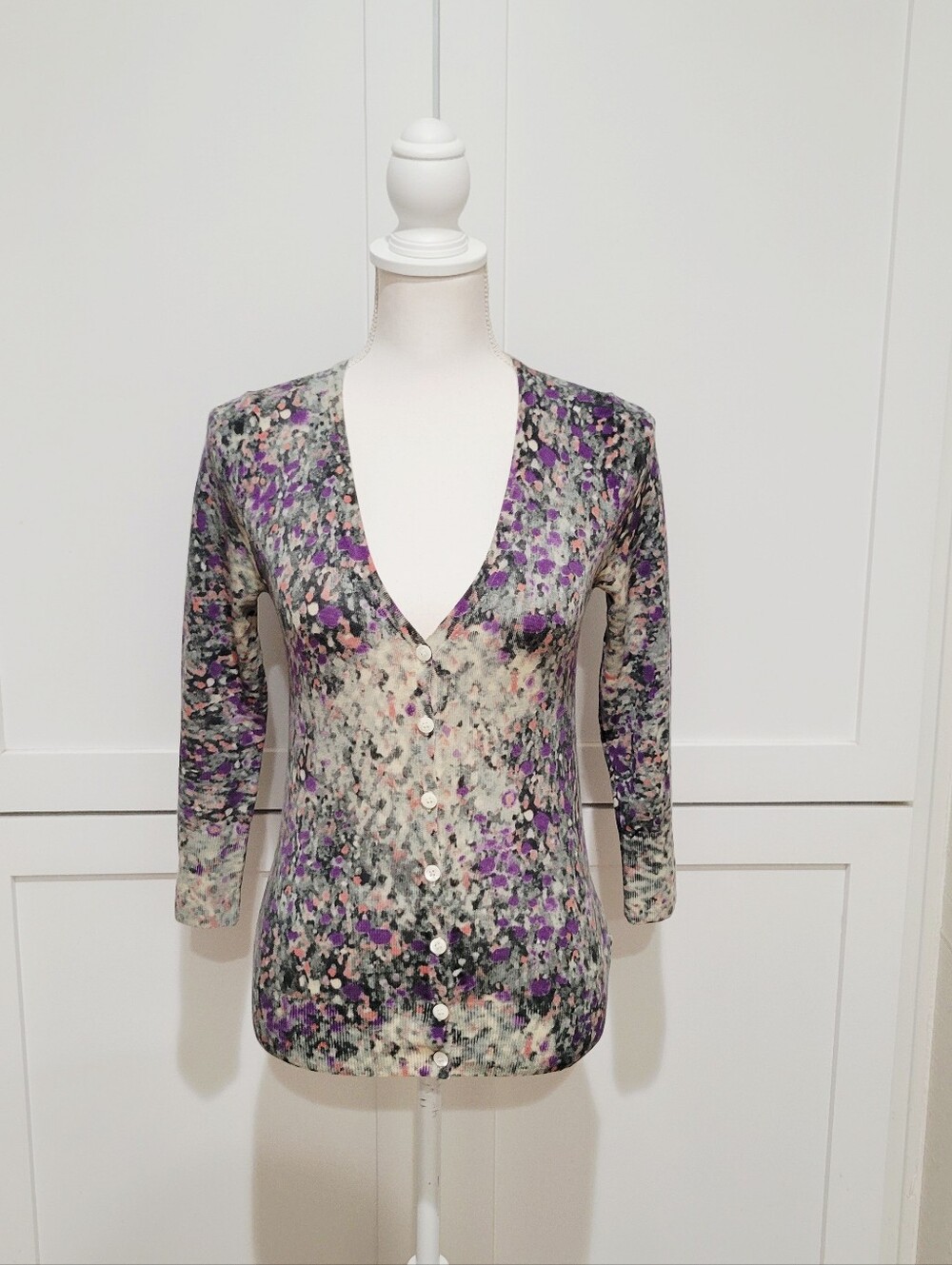 J. Crew 2010s Merino Wool Purple Gray Floral Cardigan Women's Small